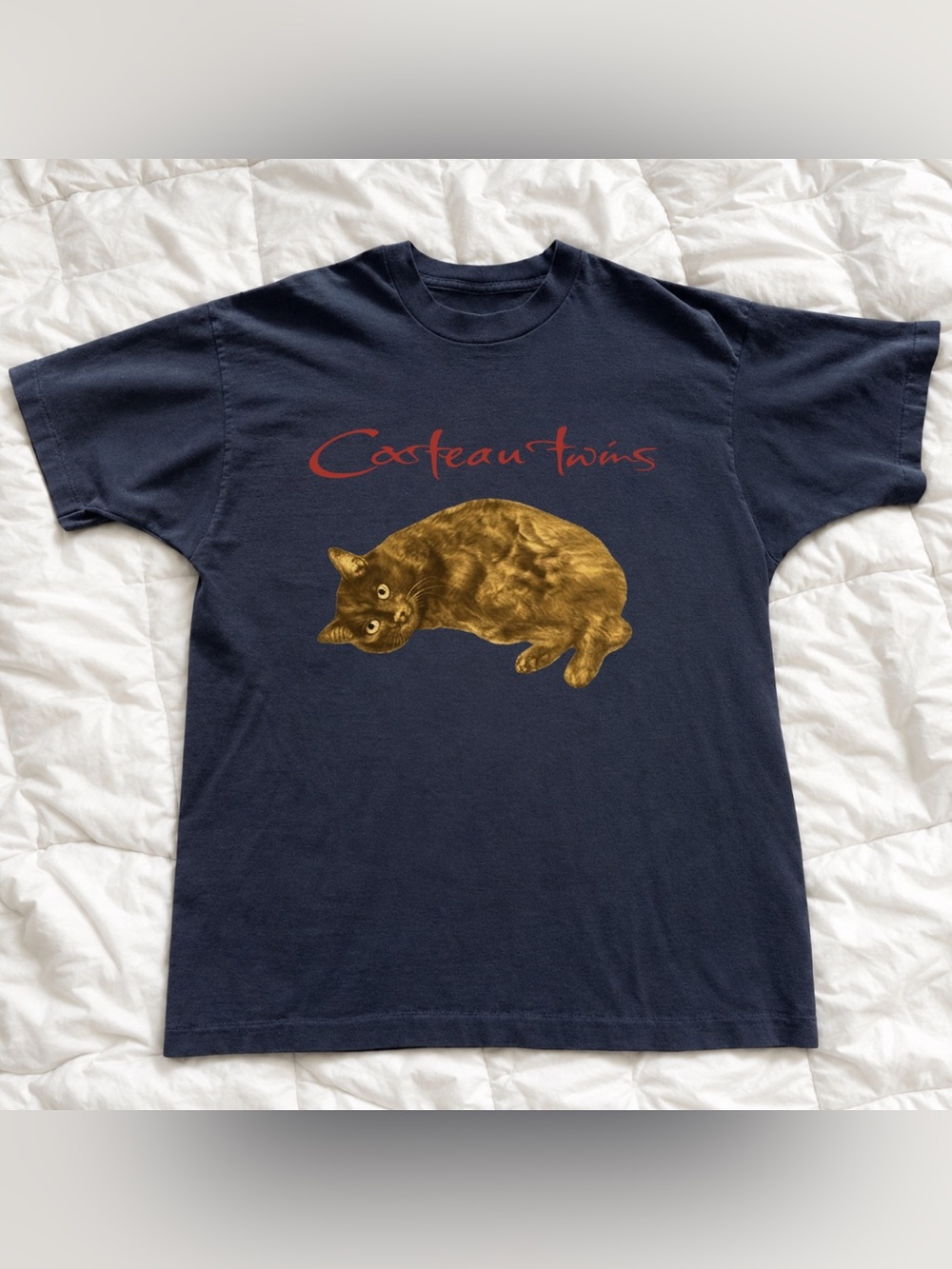 Black Cocteau Twins Graphic Tee - Retro Vintage with Golden Cat Print